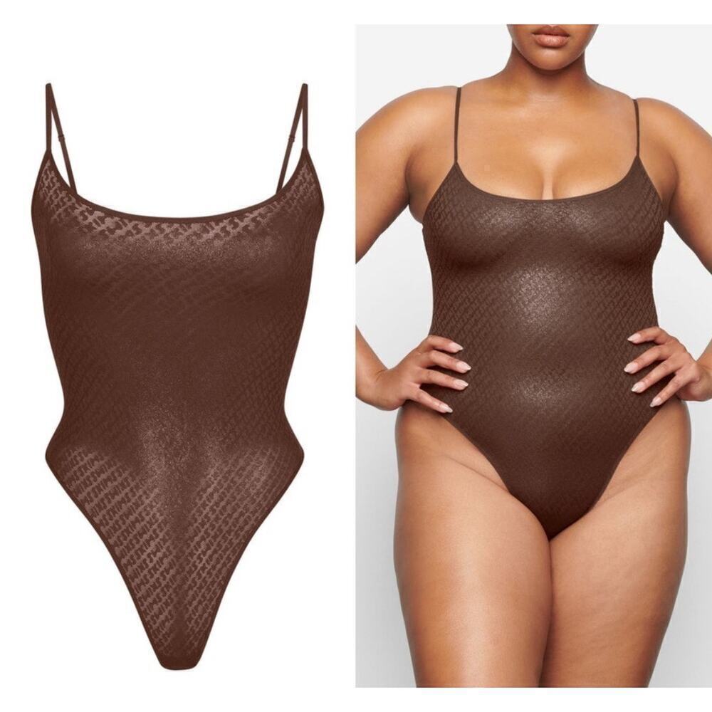 SKIMS Logo Mesh Foil Cami Bodysuit in Coffee Size 4X BS-BDY-2336 NWT